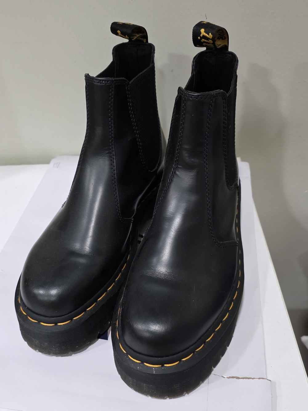 Dr. Martens Black Leather Platform Chelsea Boots with Yellow Stitching